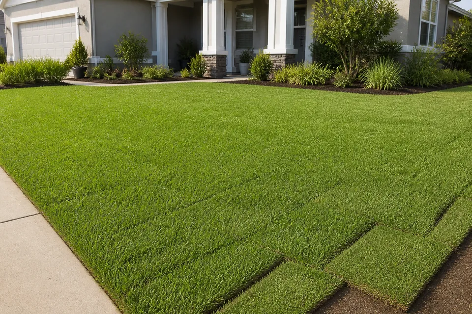 Freshly installed sod lawn at a residential home